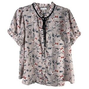 Floral Women's Pink Floral Blouse Top with Black Secretary Tie at Neck Size XL